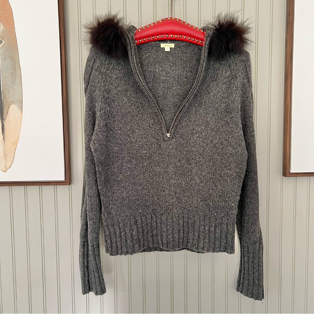 Kieran Silk Cashmere Wool Quarter Zip Pullover Sweater with Fur Trim Hood Gray